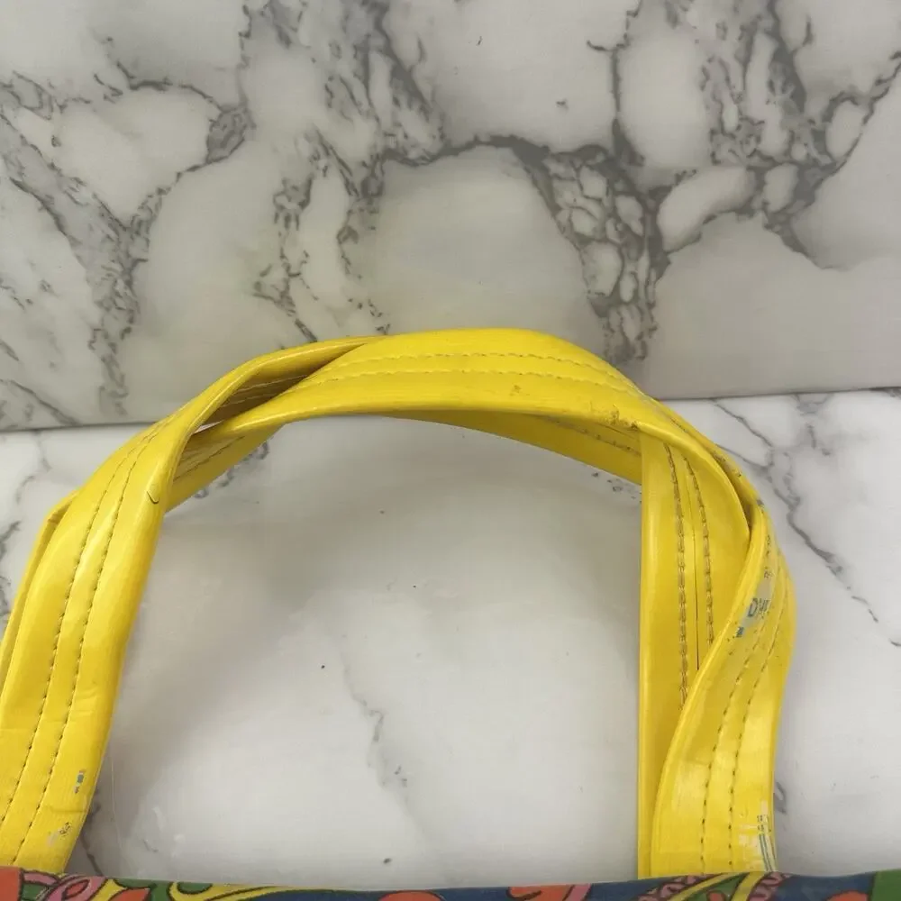 Vintage 70s Tote Bag Purse Green Yellow Paisly Floral Canvas Funky Top Handle